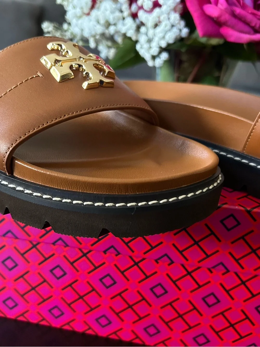 Tory Burch Tan Leather Slide Sandals with Gold Logo